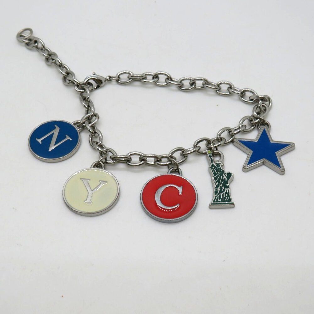 New York City Charm Bracelet Statue Of Liberty Star Letters Silver Tone‎ Chain